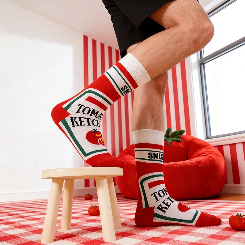 Cotton Blend Ketchup Print Crew Socks