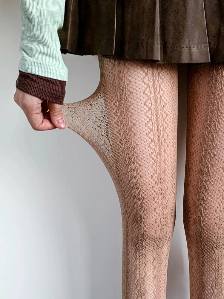 Nylon Elastane Jacquard Mesh Vertical Striped Tights - 15