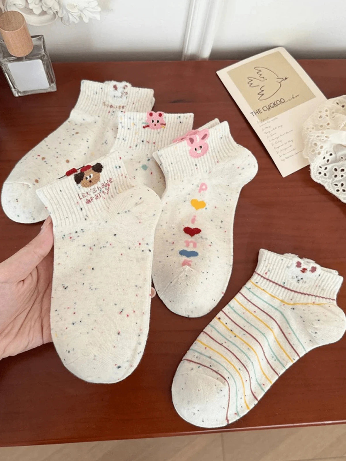 5 Pairs Women Polyester Elastane Low Tube Casual Cartoon Ankle Socks