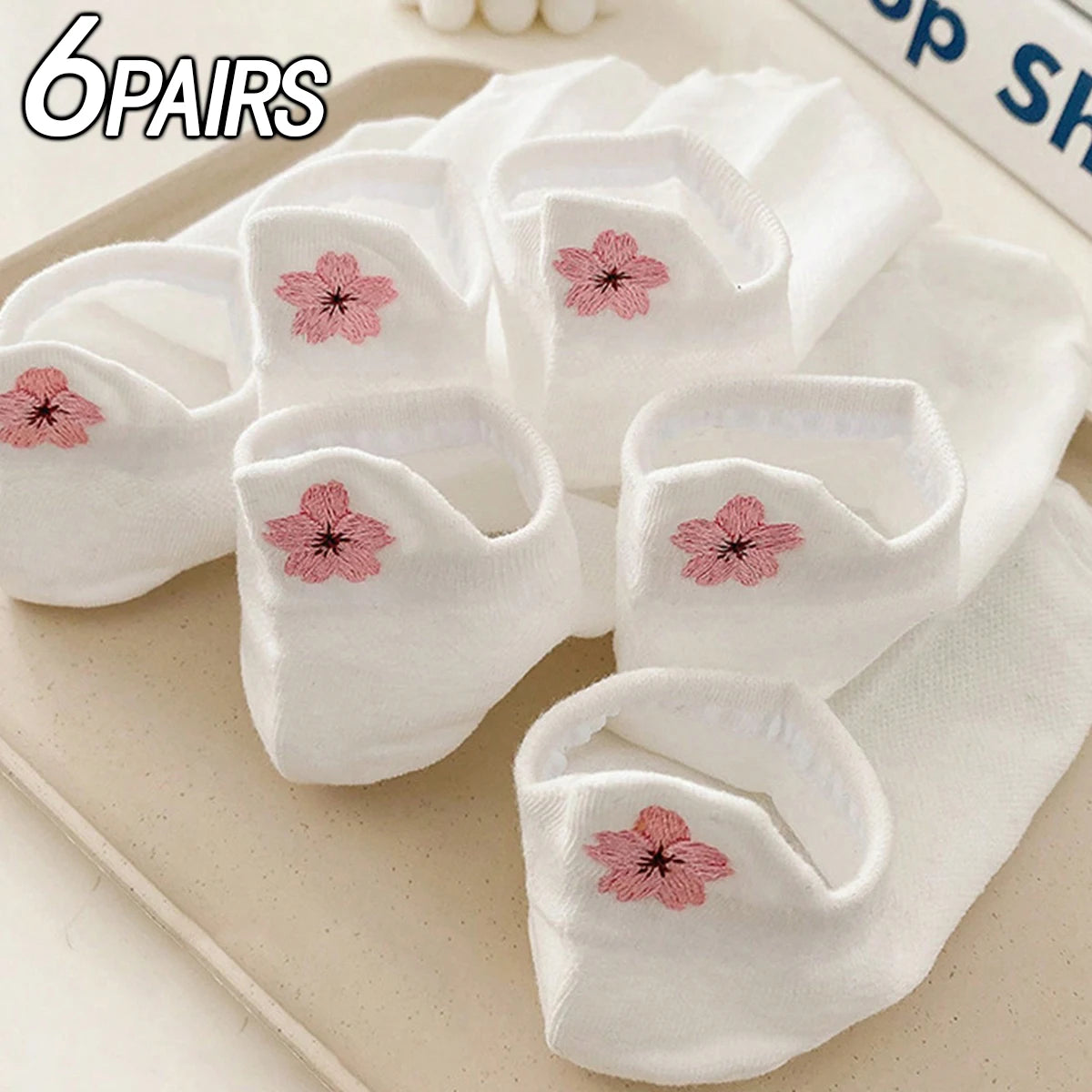 6 Pairs Polyester Ankle Socks with Floral Embroidery