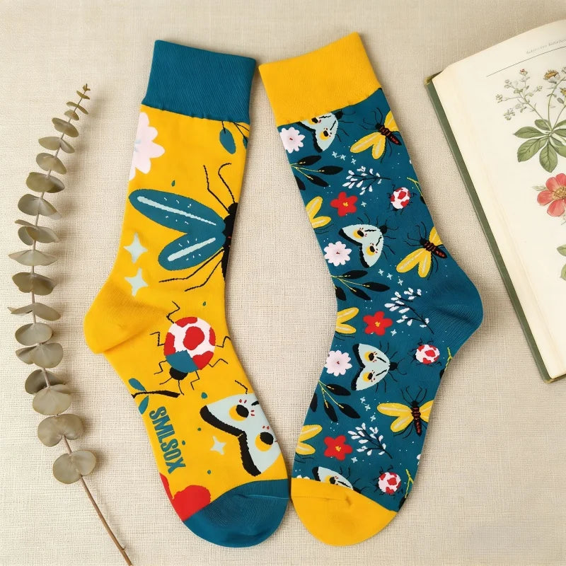 Cotton Blend Butterfly Ladybug Print Mid Calf Socks