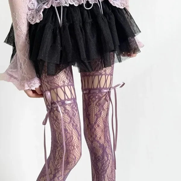 Nylon Bowknot Mesh Hollowed Out Pantyhose
