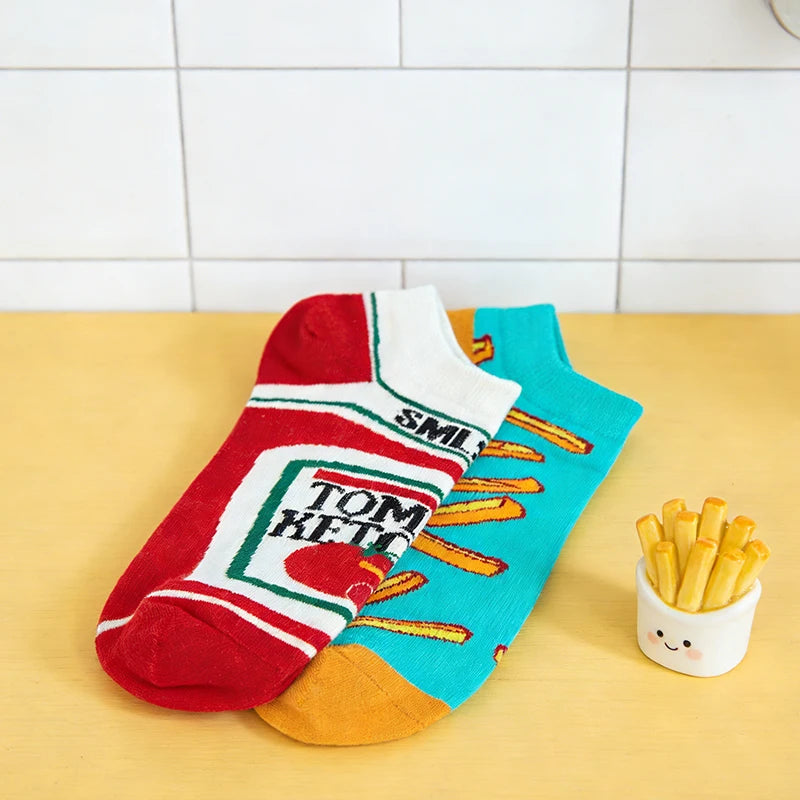Cotton Blend French Fries And Ketchup Pattern Ankle Socks - 2