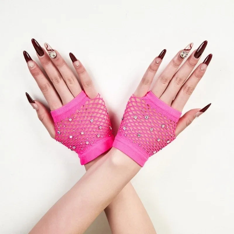 Nylon Elastane Rhinestone Fishnet Fingerless Gloves