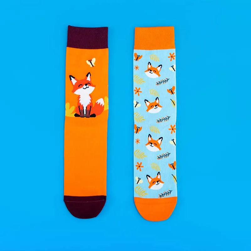 Fox Print Cotton Blend Asymmetric Casual Middle Tube Socks - 4