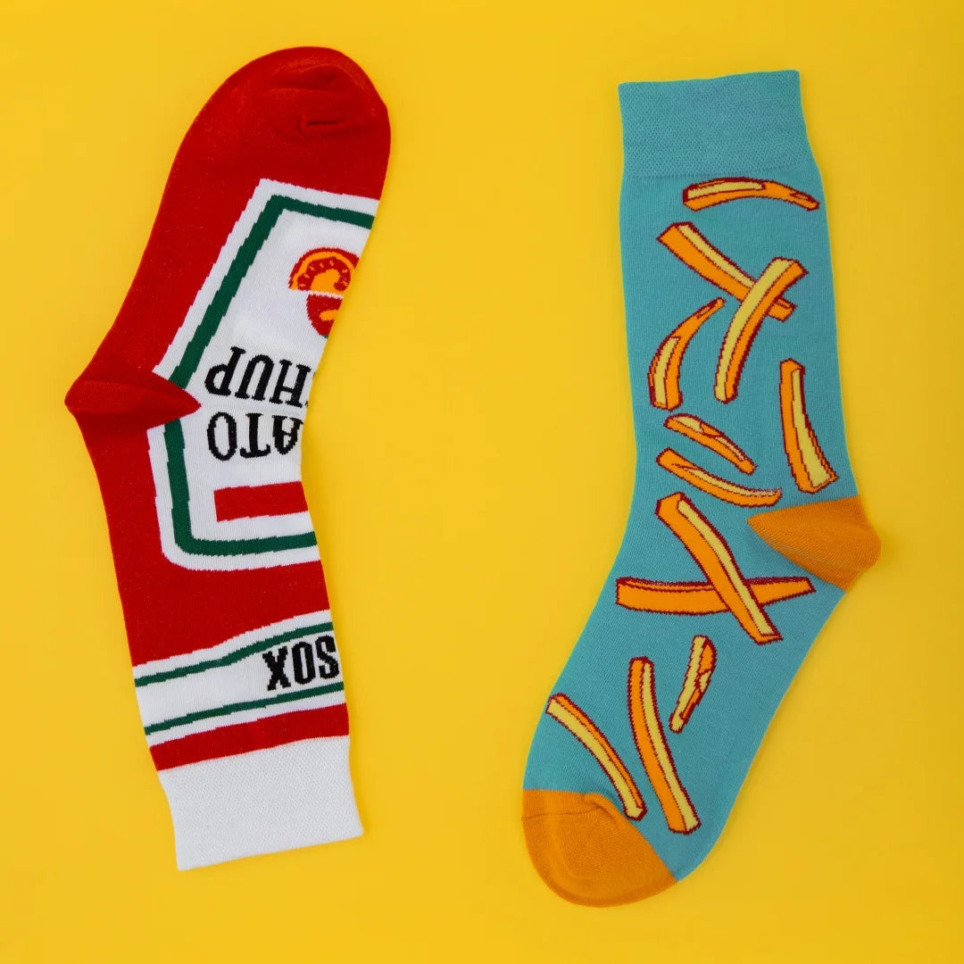 Cotton Blend Asymmetric Tomato and Fries Pattern Mid Calf Socks