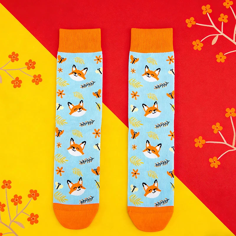 Cotton Blend Fox Print Mid Calf Socks