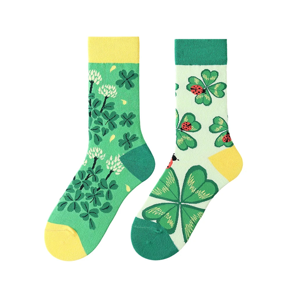 Cotton Blend Mid Calf Ladybug Clover Print Casual Socks