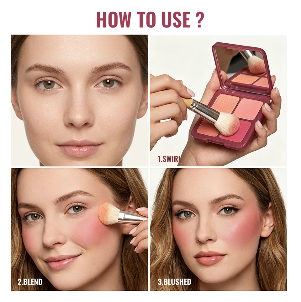 4 Color Matte Powder Blush Palette with Makeup Brush