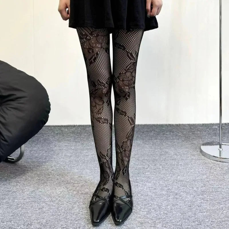 Red Floral Lace Fishnet Pantyhose Stockings - 4
