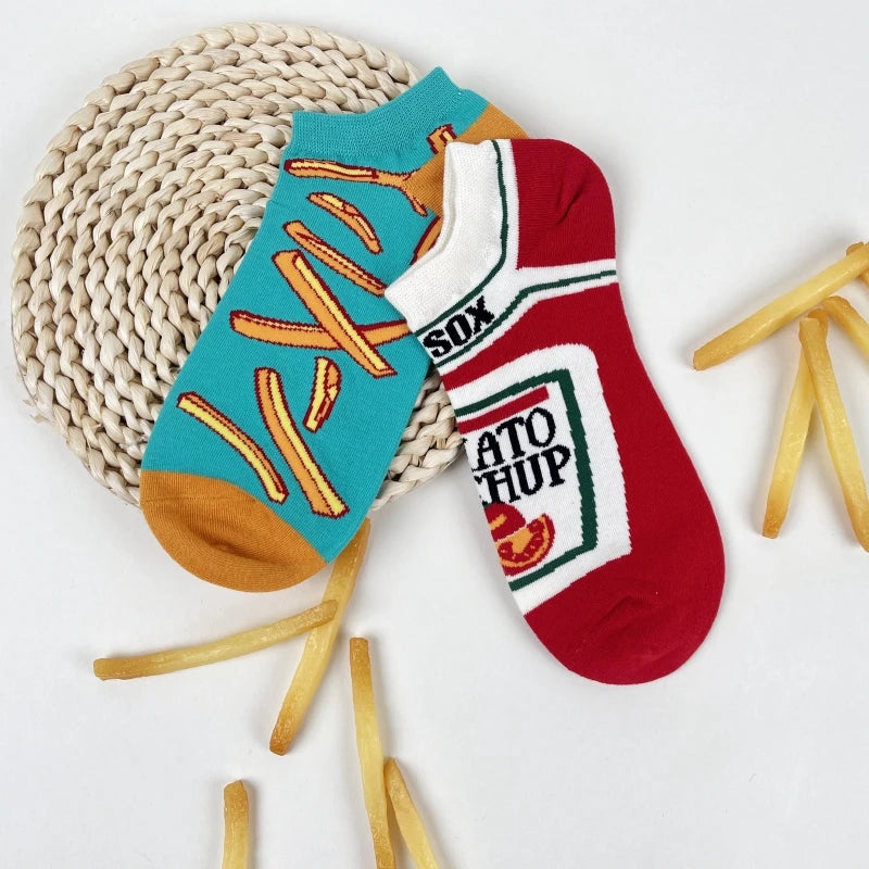Cotton Blend French Fry and Ketchup Print Unisex Ankle Socks