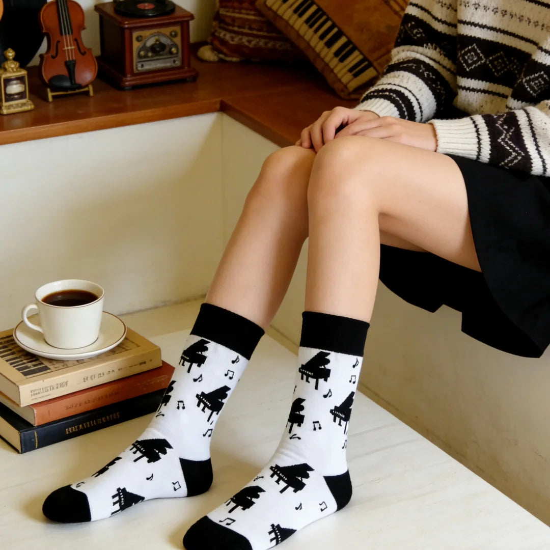 Cotton Blend Mid Calf Music Print Casual Socks