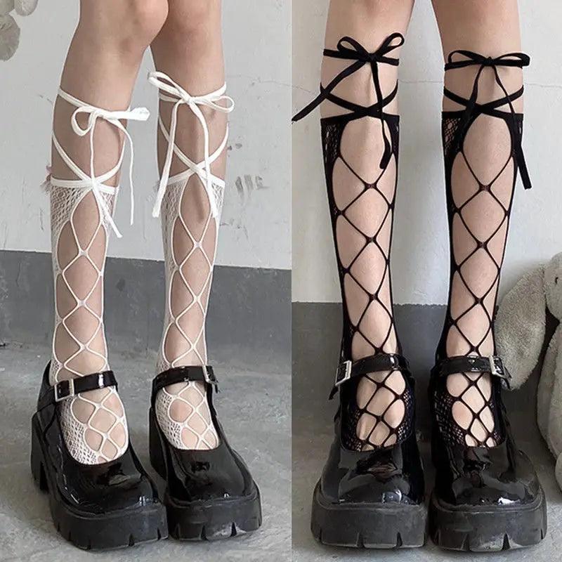 Floral Lace Mesh Stockings With Ribbon Ties - 1