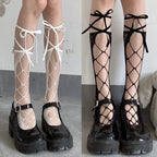 Floral Lace Mesh Stockings With Ribbon Ties