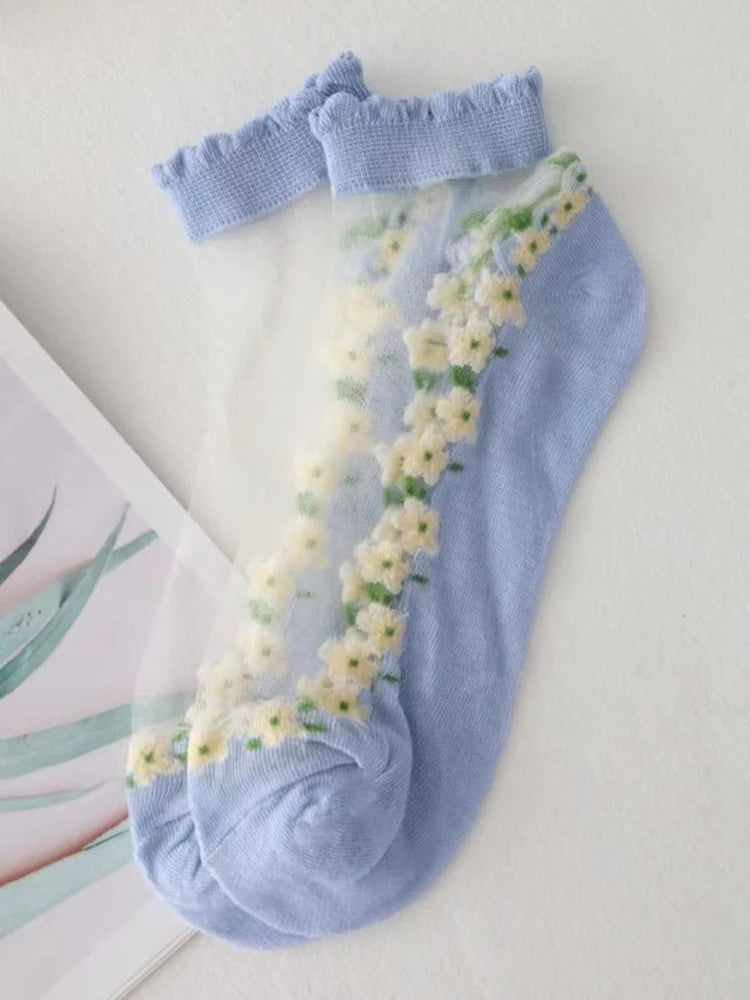Floral Print Polyester Elastane Low Tube Casual Socks 7 Pairs