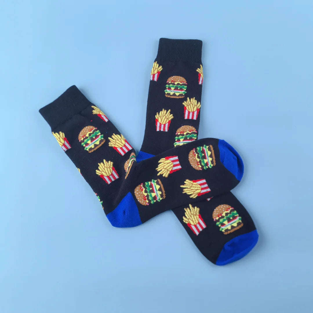 Polyester Elastane French Fry Burger Pattern Crew Socks