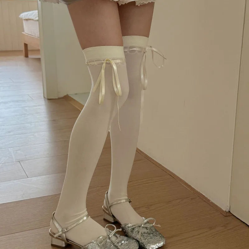 Nylon Elastane Bowknot Thigh High Stockings - 9