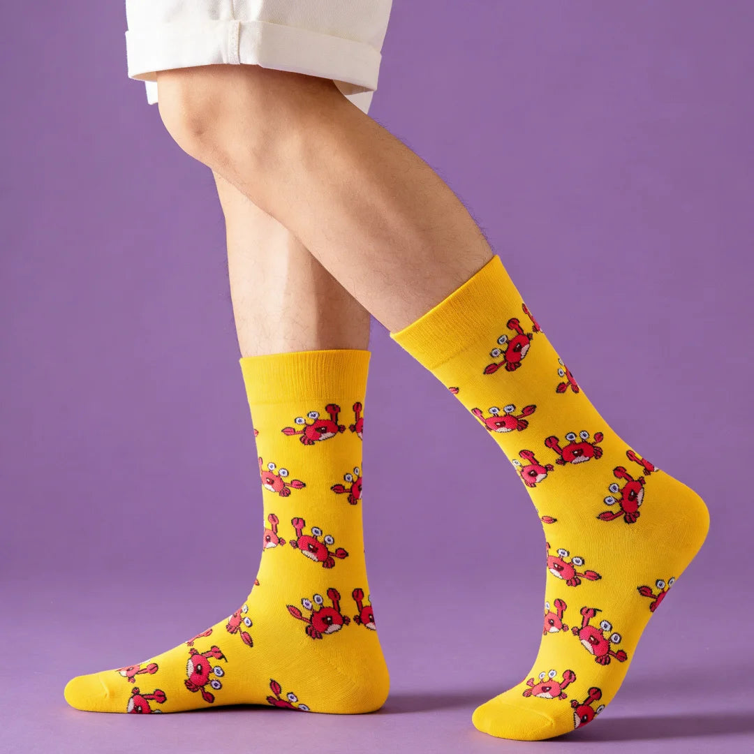 Yellow Cotton Blend Crab Pattern Casual Crew Socks - 4