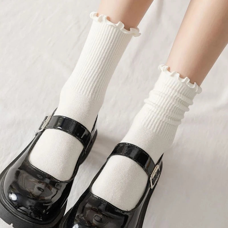Polyester Elastane Ruffle Trim Mid Tube Socks for Women