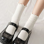 Polyester Elastane Ruffle Trim Mid Tube Socks for Women