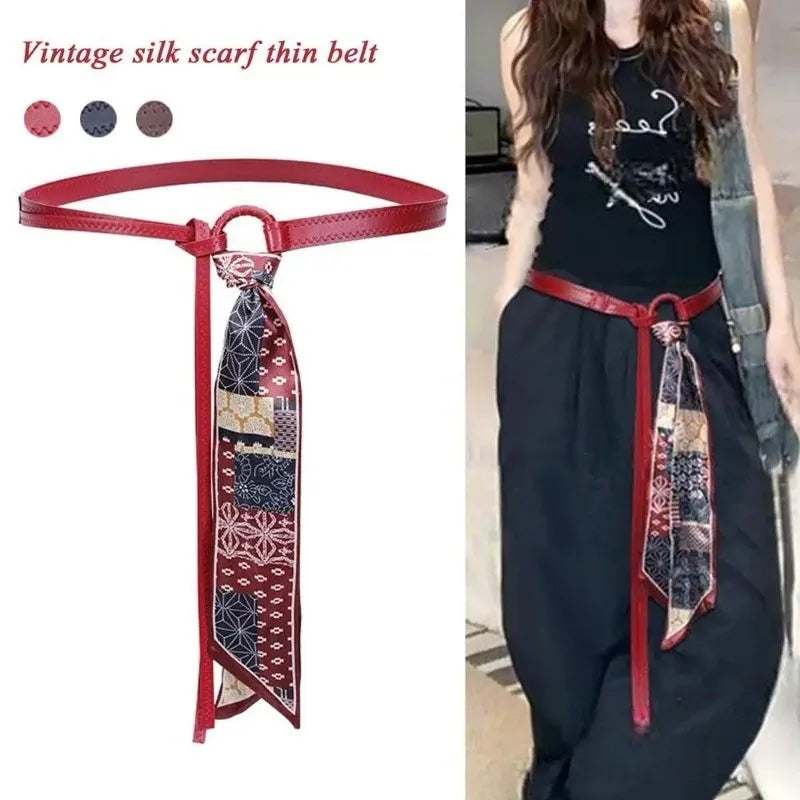 PU Leather Belt with Detachable Silk Scarf Waist Accessory - 3