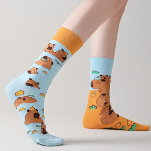 Cotton Blend Capybara Pattern Mid Calf Socks