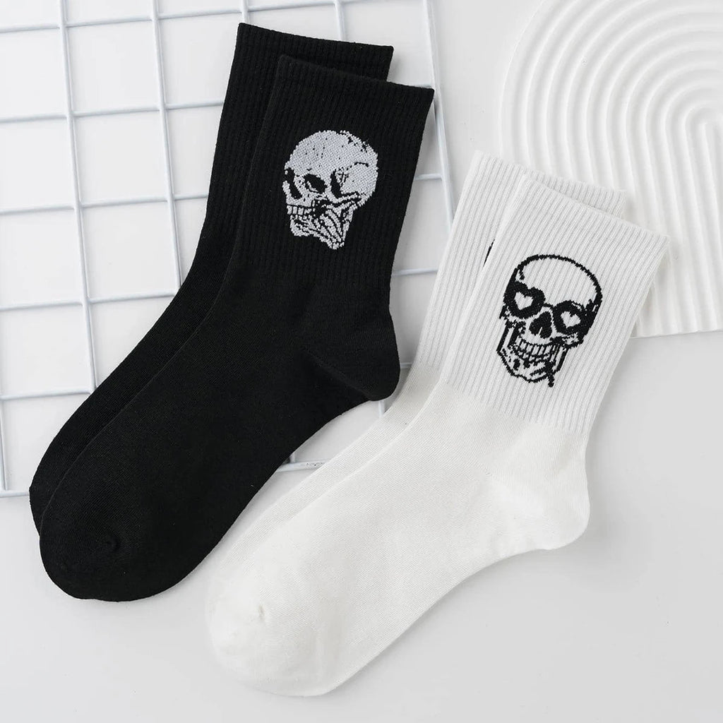 Men Polyester Elastane Skull Pattern Crew Socks