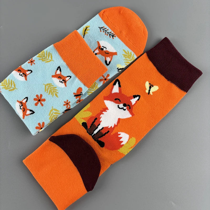 Cotton Blend Fox Print Casual Mid Calf Socks - 4