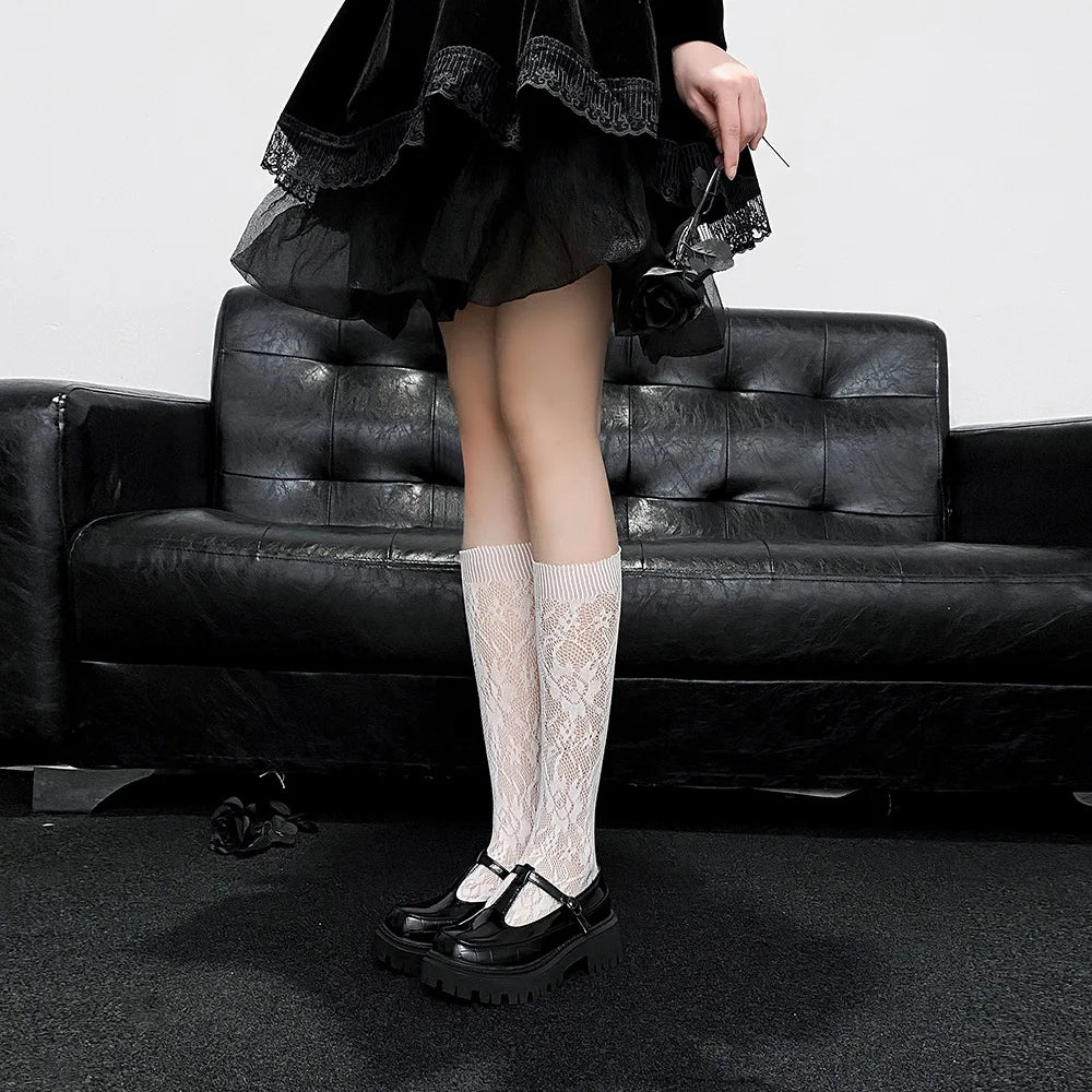 Floral Lace Calf Socks Women Nylon Knit Hosiery - 5