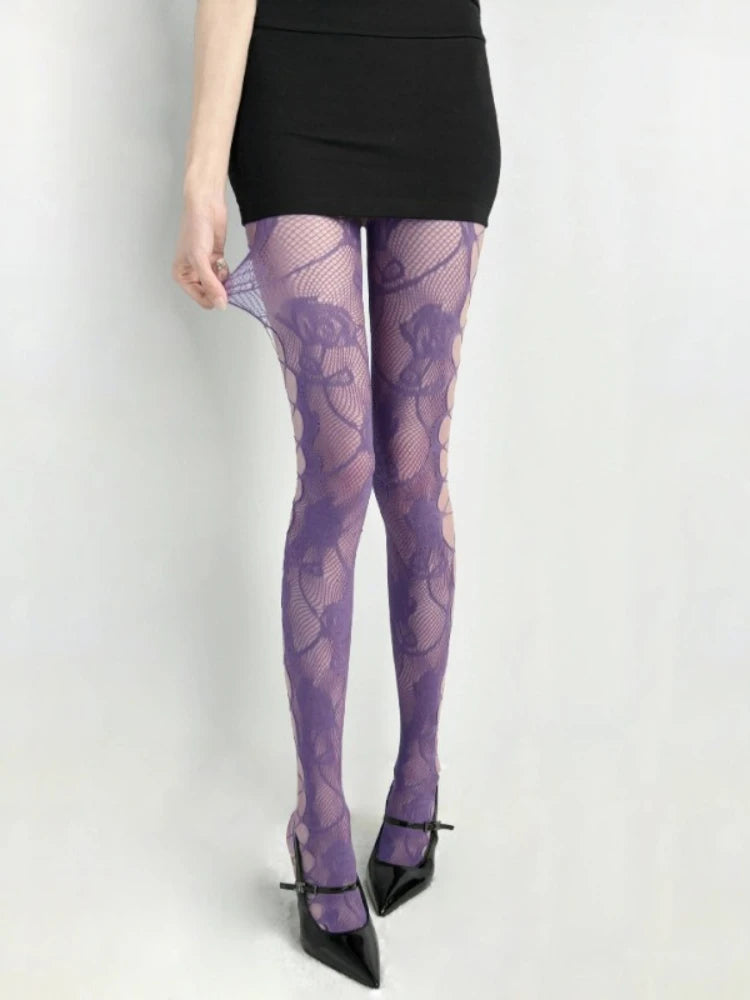 Floral Nylon Elastane Fishnet Crotchless Tights - 8