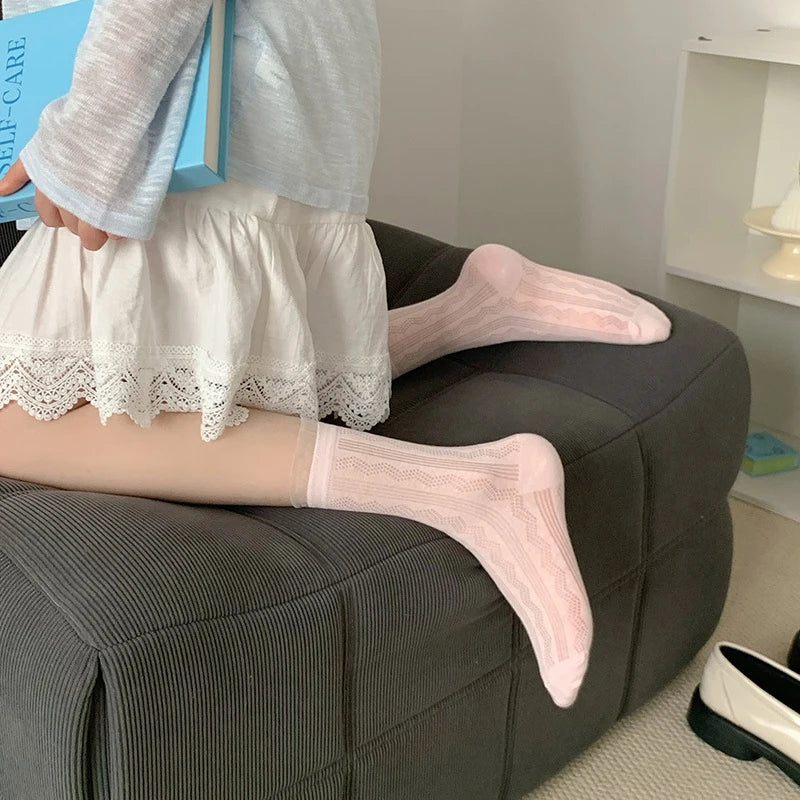 4 Pairs Polyester Elastane Lace Edge Mid Tube Socks - 3