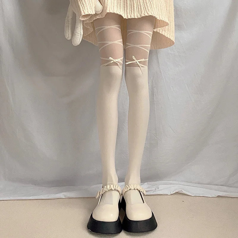 Nylon Polyester Bowknot Striped Tights