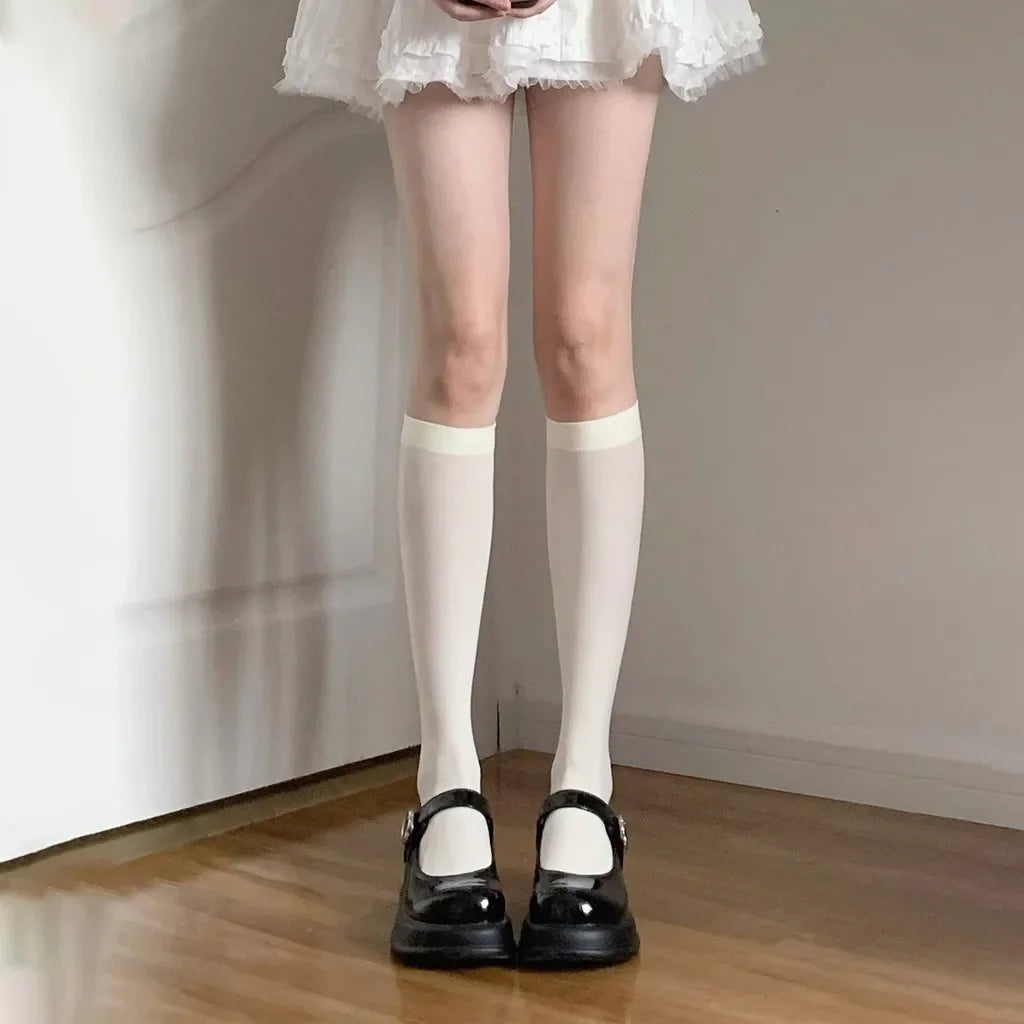 Solid Color Nylon Velvet Womens Knee High Socks