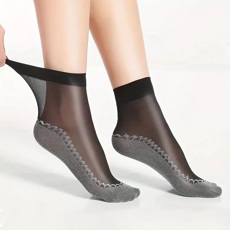Thin Nylon Lace Transparent Socks Women Breathable Non Slip Cotton Bottom