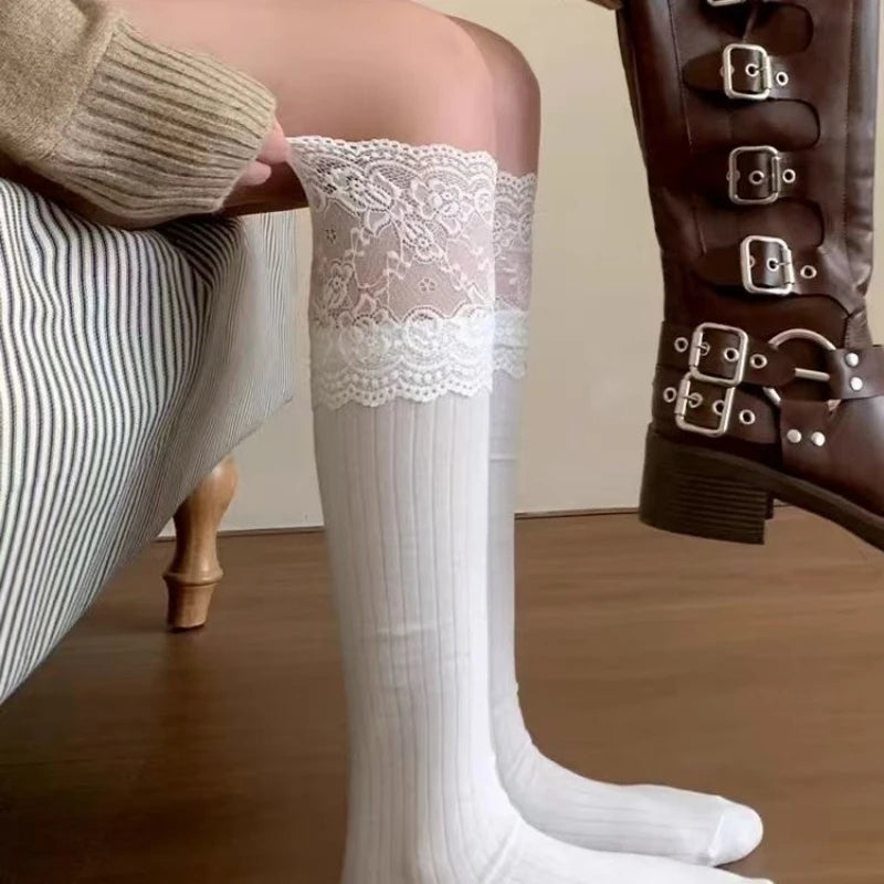 Lace Trim Nylon Stockings Knee High Socks for Women