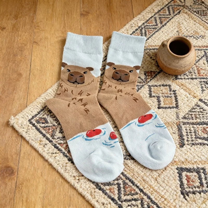 Cotton Blend Capybara Pattern Mid Calf Socks