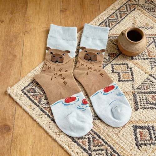 Cotton Blend Capybara Pattern Mid Calf Socks