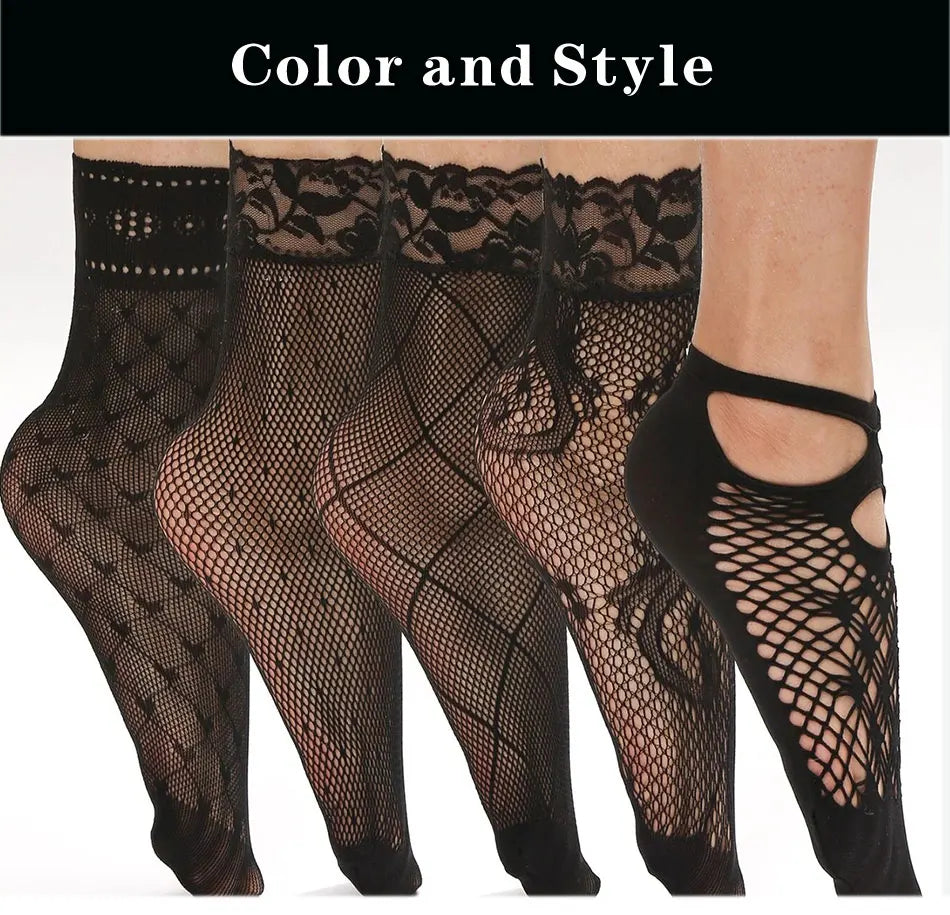 Polyester Elastane Mesh Lace Ankle Socks 5 Pairs