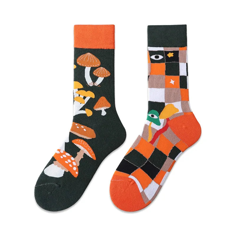 Cotton Blend Mushroom Print Mid Tube Casual Socks