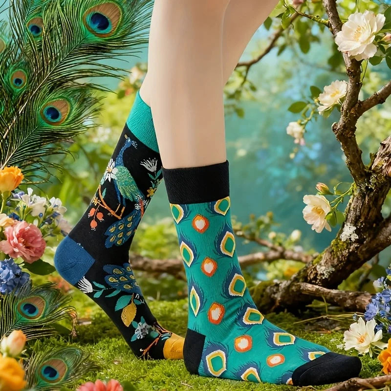 Cotton Blend Peacock Print Mid Calf Socks - 1