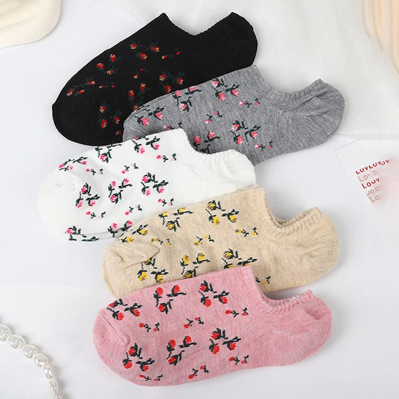 5 Pairs Polyester Elastane Floral Low Cut Boat Socks