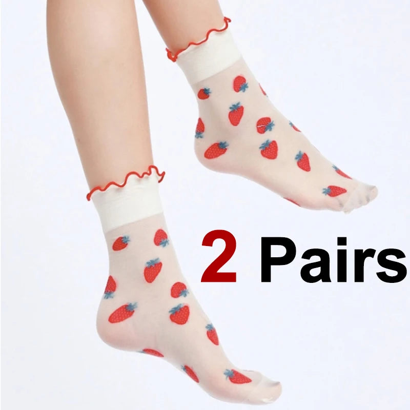 Nylon Spandex Fruit Print Lettuce Edge Mid Tube Socks