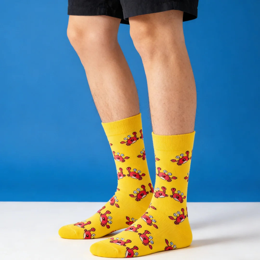Yellow Cotton Blend Crab Pattern Casual Crew Socks - 3