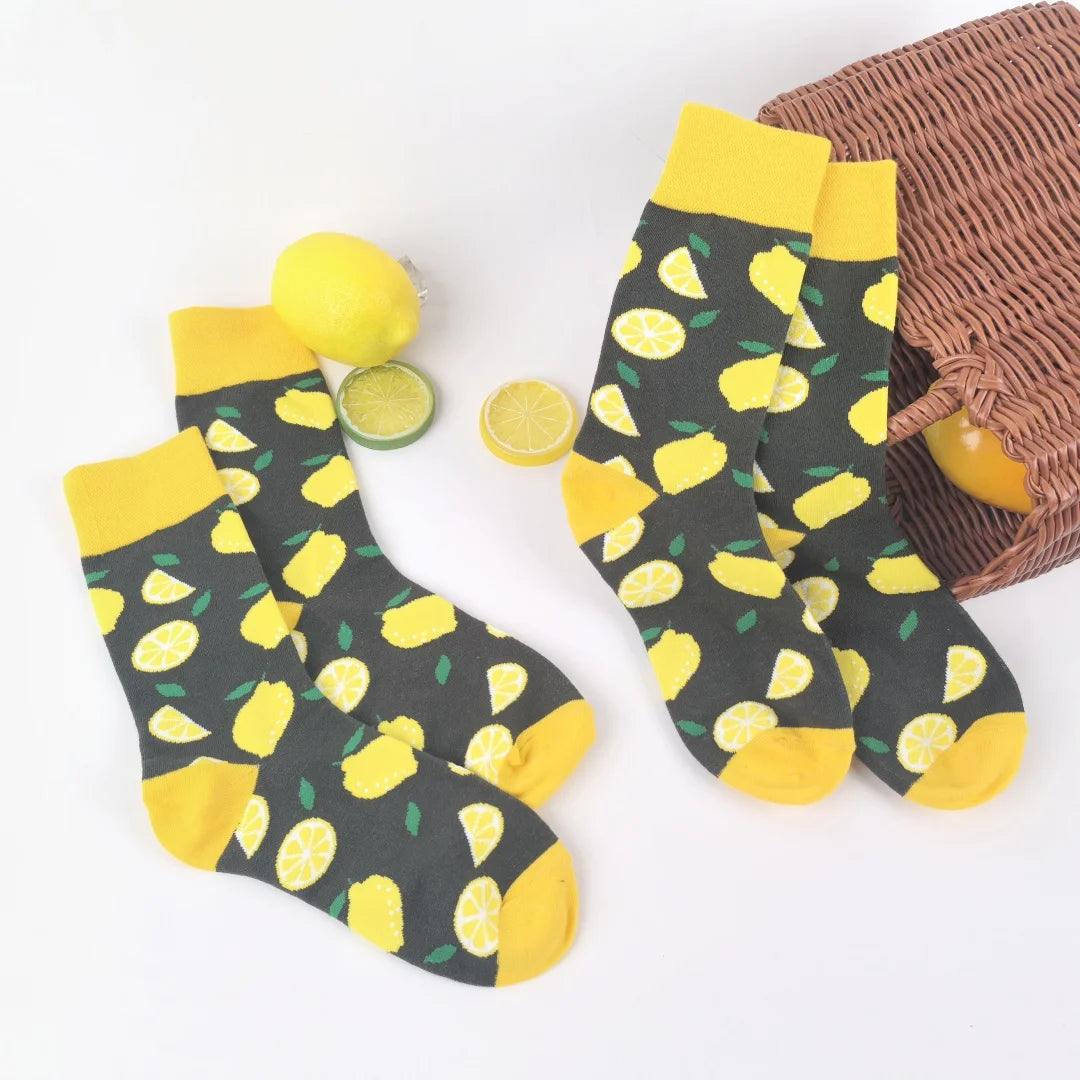 Cotton Blend Lemon Print Mid Calf Socks - 3