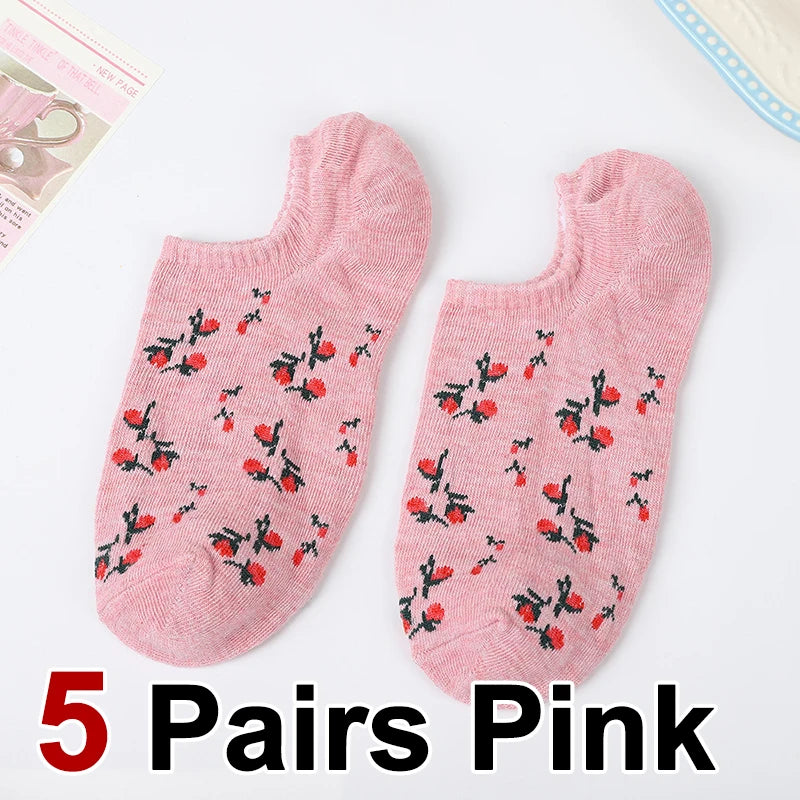 5 Pairs Polyester Elastane Floral Low Cut Boat Socks