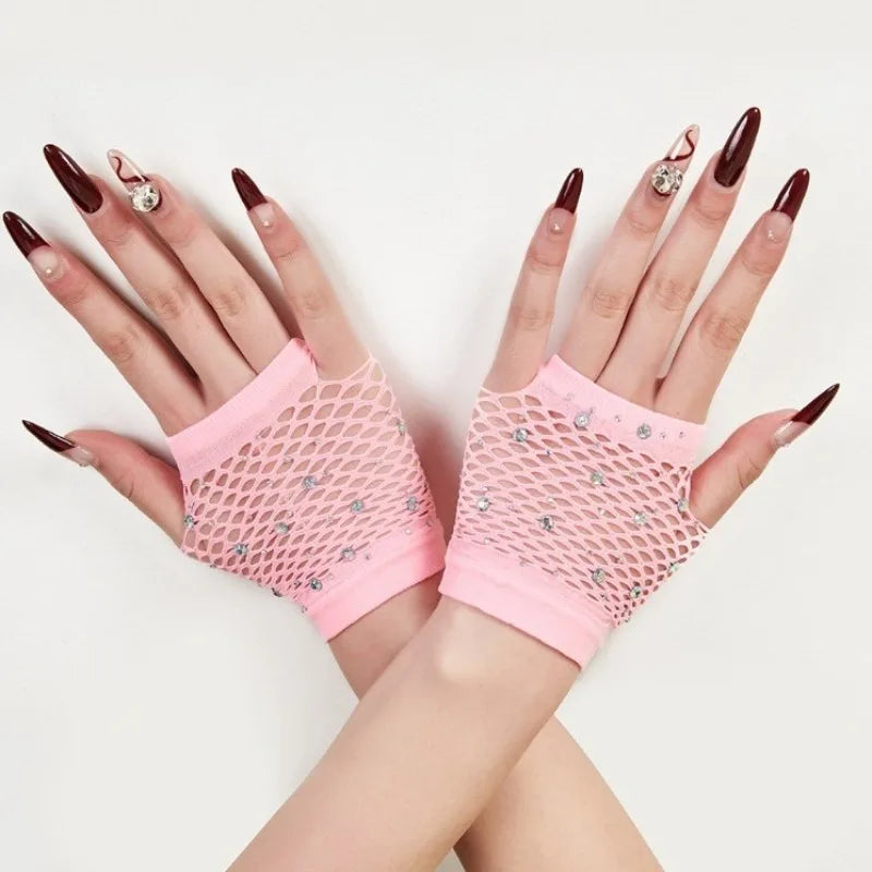 Nylon Elastane Rhinestone Fishnet Fingerless Gloves - 20