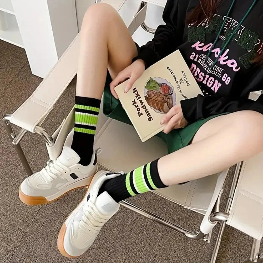 Striped Polyester Cotton Blend Casual Crew Socks