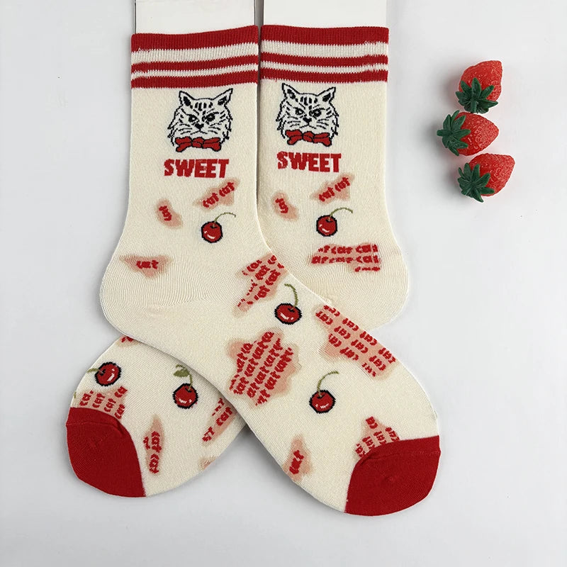 Cotton Blend Cat and Cherry Print Mid Calf Socks