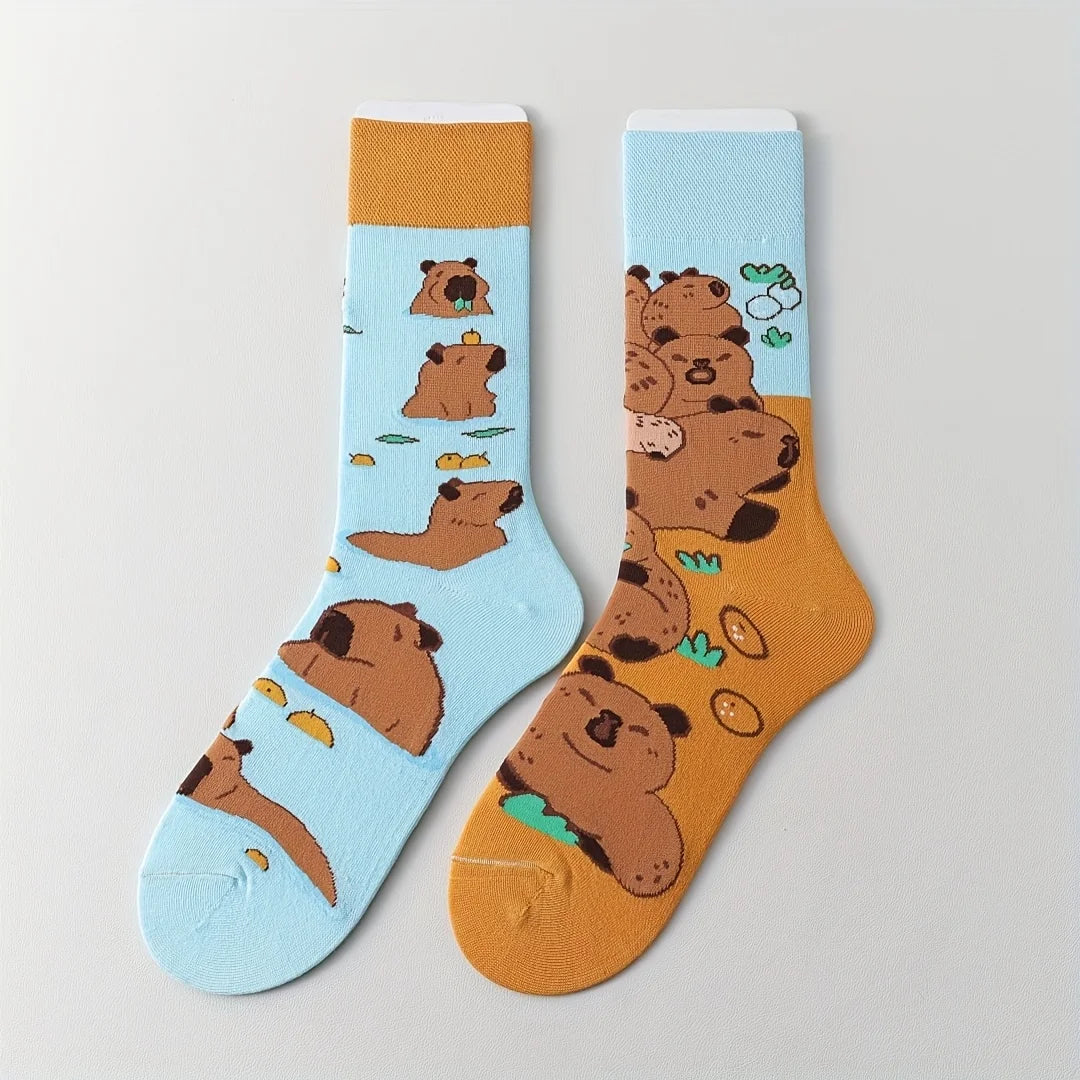 Cotton Blend Capybara Animal Print Mid Calf Crew Socks - 6