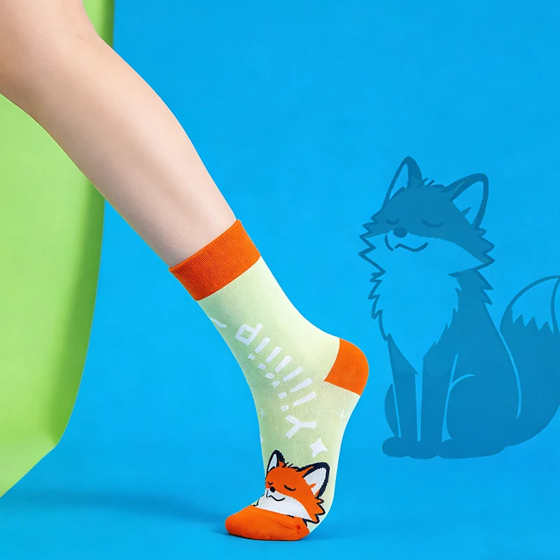 Cotton Blend Cartoon Fox Pattern Mid Tube Unisex Socks - 3